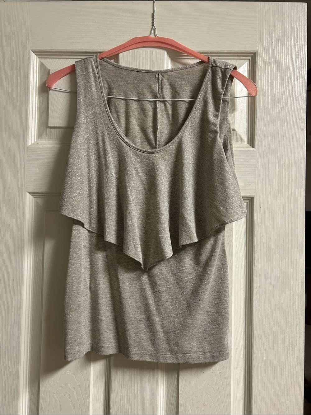 BCBGeneration Light Gray Ruffle-Front Tank Top with shimmer, size S